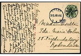 5 øre Chr. X på brevkort annulleret med stjernestempel DAMSHOLTE og sidestemplet Stege d. 31.5.1916 til København.