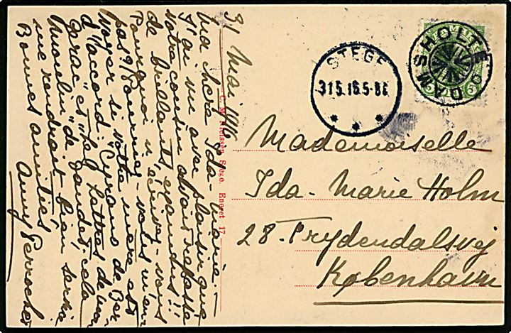 5 øre Chr. X på brevkort annulleret med stjernestempel DAMSHOLTE og sidestemplet Stege d. 31.5.1916 til København.