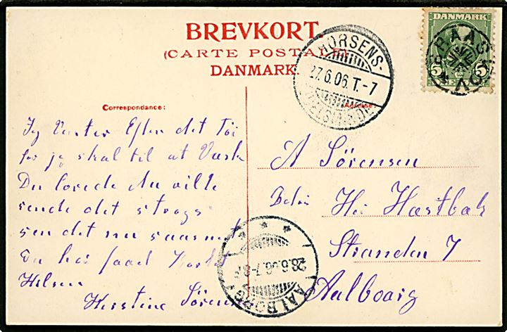 5 øre Chr. IX på brevkort annulleret med stjernestempel BRAASKOV og sidestemplet bureau Horsens - Juelsminde T.7 d. 27.6.1906 til Aalborg.