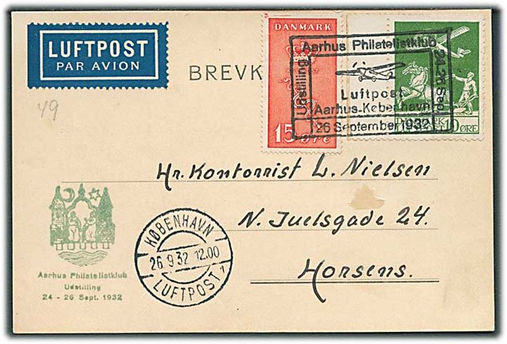 10 øre Luftpost og 15+5 øre Kræftmærke på luftpost brevkort annulleret med særstempel Aarhus Philatelistklub Luftpost Aarhus - København d. 26.9.1932 til Horsens.