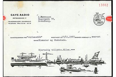 Gave-Radio formular for Gavetelegram fra Julianehåb modtaget d. 17.11.1967 til udbringning med både blomster og chokolade i Svendborg.