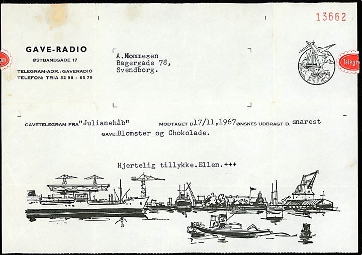 Gave-Radio formular for Gavetelegram fra Julianehåb modtaget d. 17.11.1967 til udbringning med både blomster og chokolade i Svendborg.