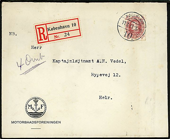 35 øre Chr. X 60 år single på lokalt anbefalet brev fra København d. 11.3.1931 til kaptajnløjtnant (senere admiral) A. H. Vedel i Hellerup. Påskrevet 4 Omb (= 4. ombæring). 
