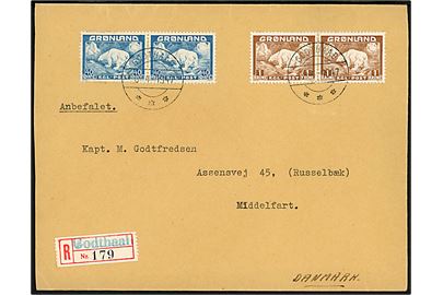 40 øre og 1 kr. Isbjørn i parstykker på anbefalet brev fra Godthaab d. 8.4.1947 til Middelfart, Danmark.