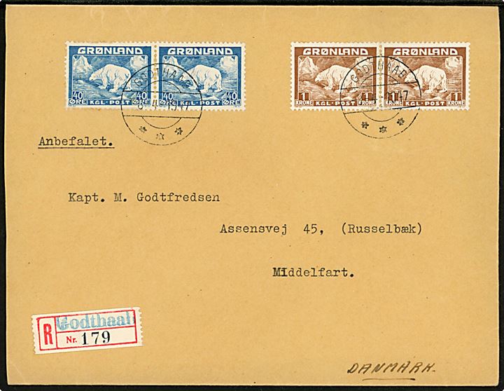 40 øre og 1 kr. Isbjørn i parstykker på anbefalet brev fra Godthaab d. 8.4.1947 til Middelfart, Danmark.