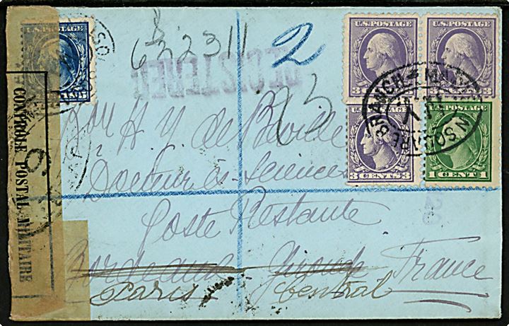 1 cent, 3 cents (3) og 5 cents Washington på anbefalet brev annulleret Madison Square Branch, N.Y. d. 15.10.1918 til poste restante i Gironde, Frankrig - eftersendt til Paris. Åbnet af fransk censur no. 6.