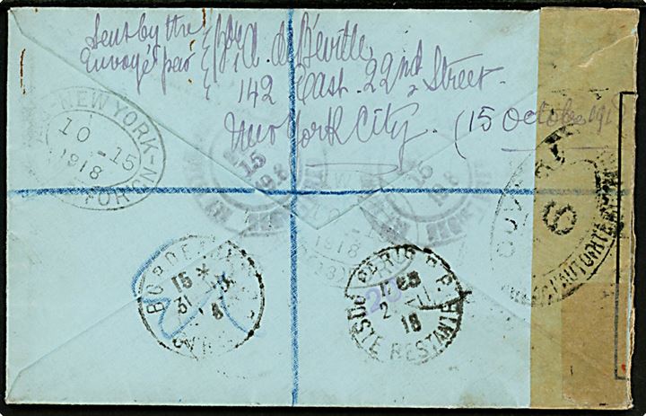 1 cent, 3 cents (3) og 5 cents Washington på anbefalet brev annulleret Madison Square Branch, N.Y. d. 15.10.1918 til poste restante i Gironde, Frankrig - eftersendt til Paris. Åbnet af fransk censur no. 6.