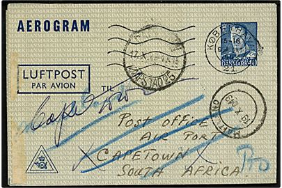 40 øre Fr. IX helsags aerogram (fabr. 1) fra København d. 9.10.1949 til Capetown, Sydafrika. Retur som ikke afhentet. 