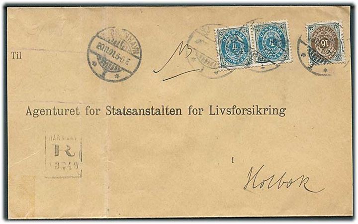 4 øre omv. rm. i parstykke og 16 øre Tofarvet på anbefalet brev fra Kjøbenhavn d. 20.11.1901 til Holbæk. Kuvert afkortet i begge sider.