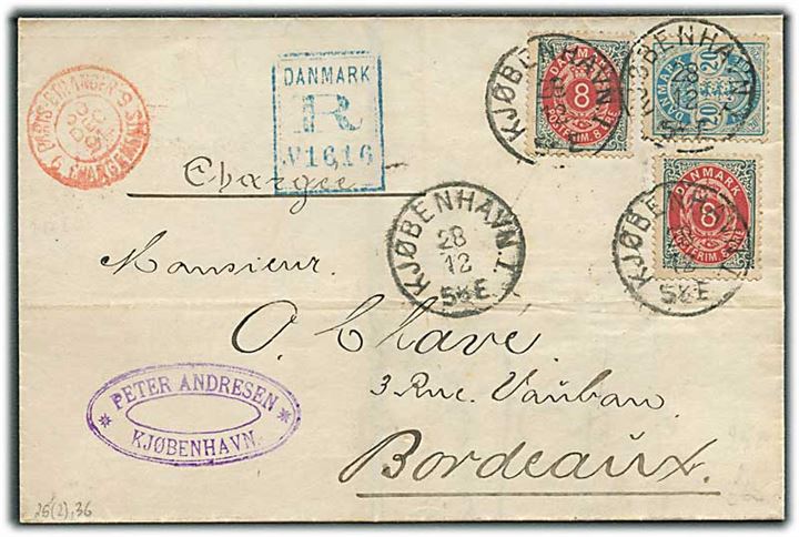 8 øre Tofarvet (2) og 20 øre Våben på 36 øre frankeret anbefalet brev fra Kjøbenhavn d. 28.12.1891 via Paris til Bordeaux, Frankrig.