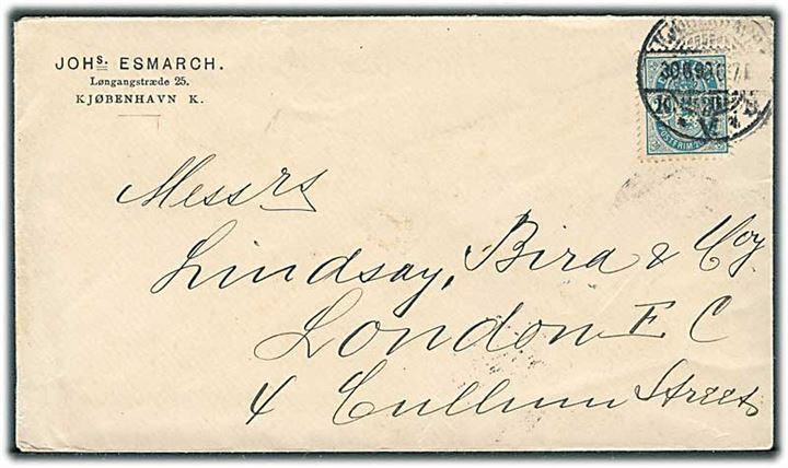 20 øre Våben single på brev fra Kjøbenhavn d. 30.6.1899 til London, England.