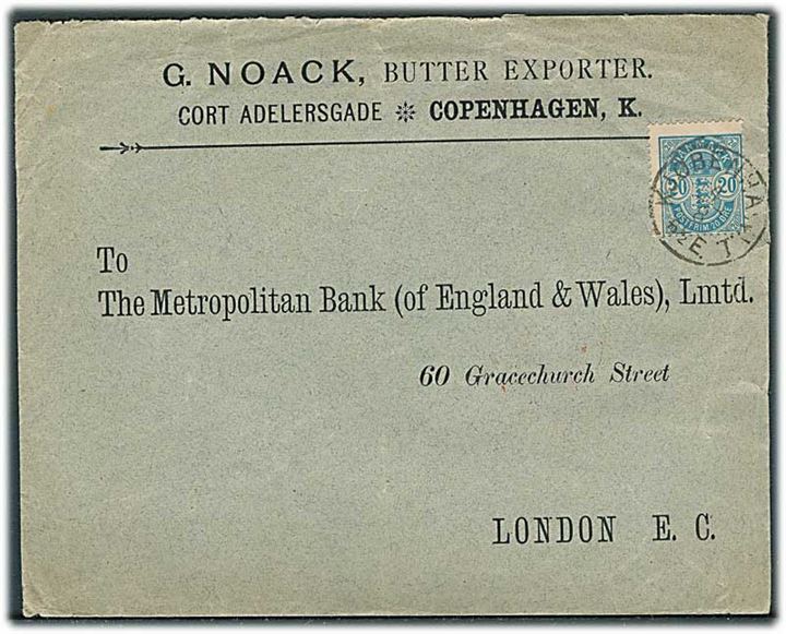 20 øre Våben skævt centreret på brev annulleret med lapidar Kjøbenhavn I d. 4.8.1894 til London, England.
