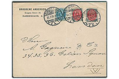 4 øre og 8 øre (2) Tofarvet omv. rm. på 20 øre frankeret brev fra Kjøbenhavn d. 31.7.1901 til Londan, England.