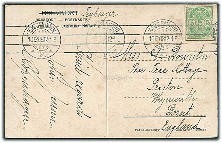 5 øre Våben helsagsafklip som frankering på brevkort sendt som tryksag fra Kjøbenhavn d. 10.12.1908 til Waymouth, England.