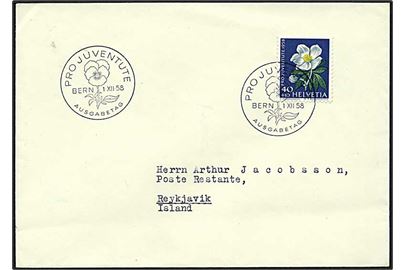 40+10 centimes blå på brev fra Bern d. 1.12.1958 til Reykjavik. Motiv af blomst.