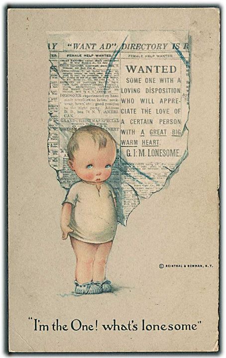 Avisudklip: Wanted. Some one with a loving disposition WHO will appreciate the love od a certain person with a great big warm Heart. G. I. M. Lonesome. Im the one! What's Lonesome. Reinthal & Newman, N. Y. Water Color, Series no. 710. Frankeret 7 øre Chr. X annulleret stjernestempel LANDET og sidestemplet Svendborg d. 11.4.1919 til Nakskov.