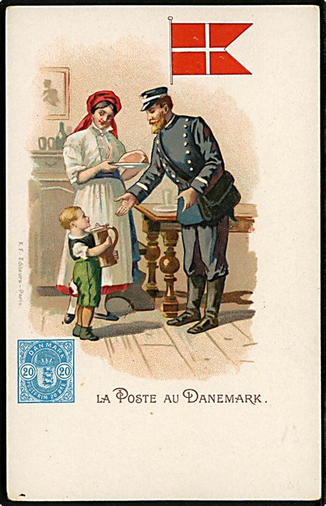 Dansk postbud og 20 øre Våbentype frimærke. Fransk fremstillet postkort. 