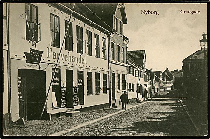 Nyborg, Kirkegade med farvehandel. W. & M. no. 765. Nålehul.