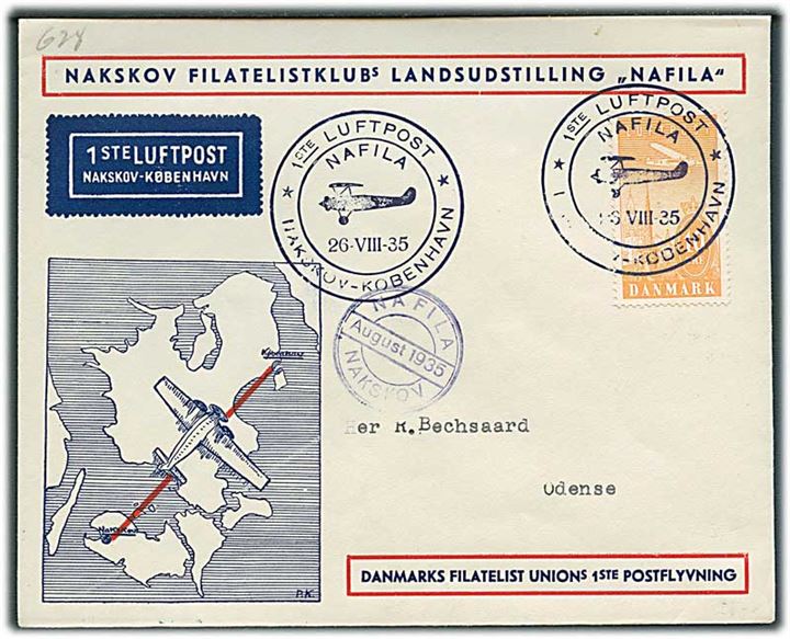 10 øre Luftpost single på illustreret 1. flyvningskuvert stemplet 1ste Luftpost Nafila Nakskov-København d. 26.8.1935 til Odense.