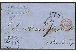 Ufrankeret brev fra København d. 23.5.1865 til Bordeaux. Påskrevet 9 med sortkridt.