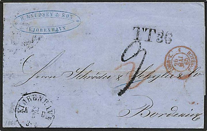 Ufrankeret brev fra København d. 23.5.1865 til Bordeaux. Påskrevet 9 med sortkridt.