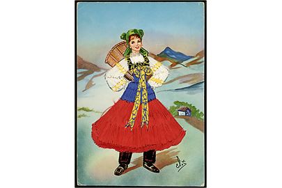 Elsi Gumier: Kvinde i folkedragt fra Piemonte med syet kjole. Fremstillet i Spanien.