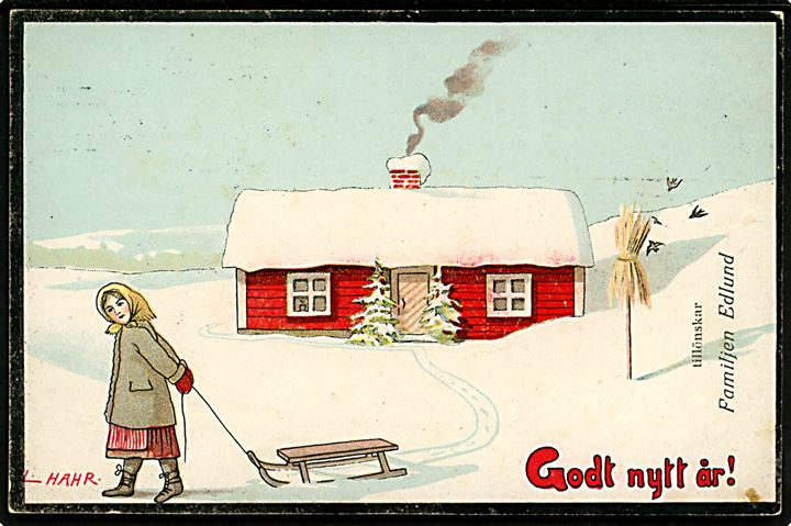 L. Hahr: Pige med kælk. Frankeret med 2 øre Ciffer og Julemærke 1906 sendt som lokal tryksag i Göteborg d. 30.12.1906.