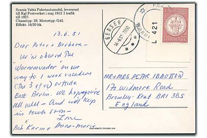1,30 kr. København Universitet på brevkort stemplet Fra Warnemünde og sidestemplet Gedser d. 14.6.1981 til Bromley, England.
