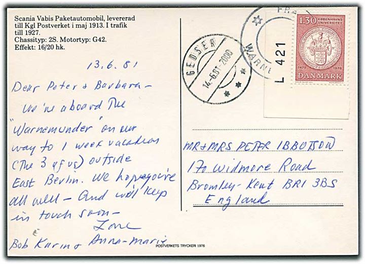 1,30 kr. København Universitet på brevkort stemplet Fra Warnemünde og sidestemplet Gedser d. 14.6.1981 til Bromley, England.