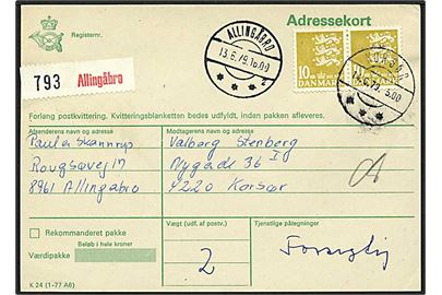 20 kr. porto på adressekort fra Allingåbro d. 13.6.1979 til Korsør.