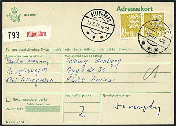 20 kr. porto på adressekort fra Allingåbro d. 13.6.1979 til Korsør.