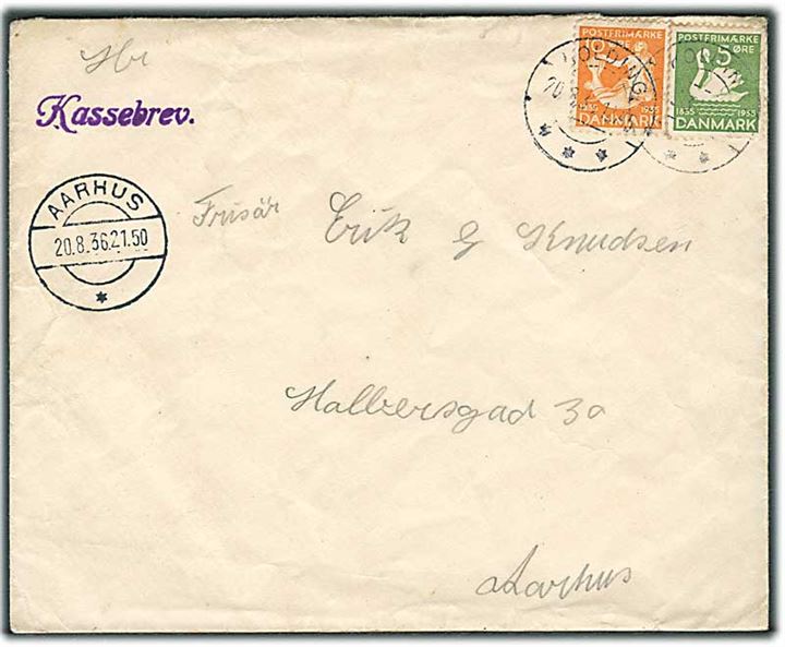 5 øre og 10 øre H.C.Andersen på brev fra Kolding d. 20.8.1936 til Aarhus. Liniestempel Kassebrev.