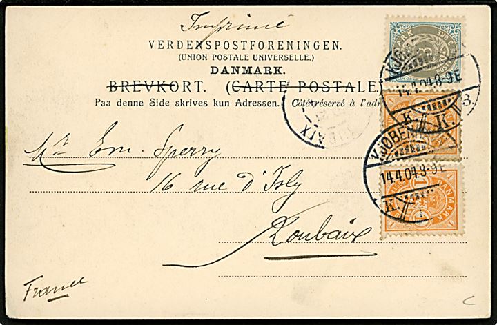 Købh., Indgang til Tivoli. C.R. no. 101. Frankeret med 1 øre Våben (2) og 3 øre Tofarvet Vm III og sendt som tryksagskort fra København d. 14.04.1904 til Frankrig. 