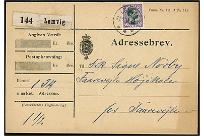 40 øre Chr. X single på adressebrev for pakke fra Lemvig d. 22.5.1919 til Faarevejle Højskole pr. Faarevejle St.