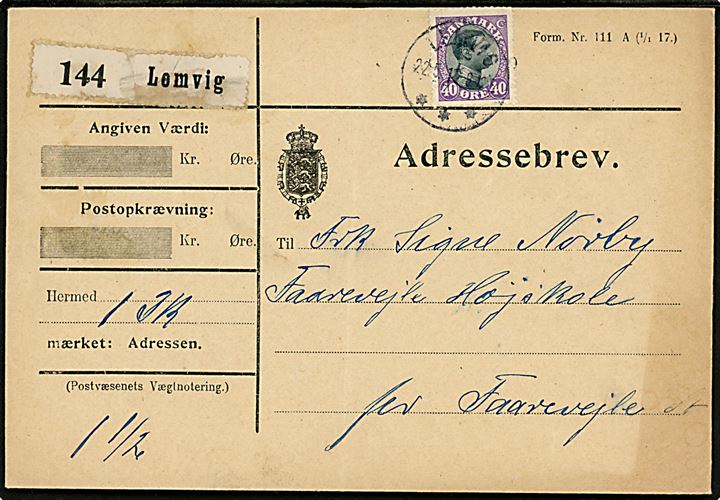 40 øre Chr. X single på adressebrev for pakke fra Lemvig d. 22.5.1919 til Faarevejle Højskole pr. Faarevejle St.