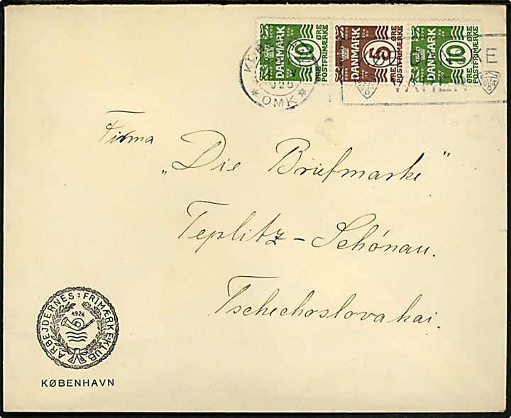 5 øre og 10 øre Bølgelinie (2) i lodret automat-sammentryk på brev fra København d. 4.5.1926 til Teplitz, Tjekkoslovakiet. 