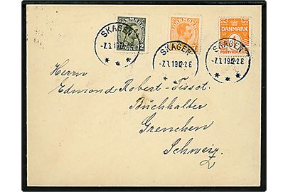1 øre Bølgelinie, 7 øre og 12 øre Chr. X på 20 øre frankeret brev annulleret brotype IIIb Skagen *** d. 7.3.1919 til Grenchen, Schweiz.