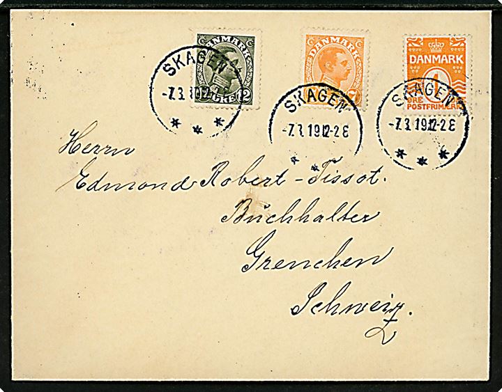 1 øre Bølgelinie, 7 øre og 12 øre Chr. X på 20 øre frankeret brev annulleret brotype IIIb Skagen *** d. 7.3.1919 til Grenchen, Schweiz.