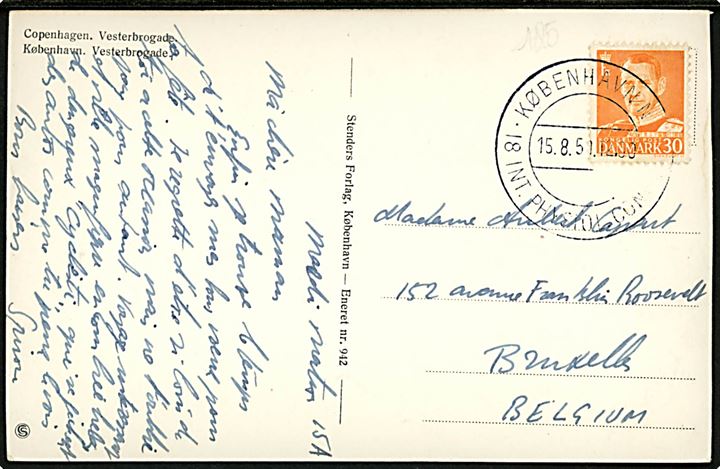 30 øre Fr. IX på brevkort (Cykler i København) annulleret med særstempel København N 18. Int. Physiol. Congress d. 15.8.1950 til Bruxelles, Belgien. 