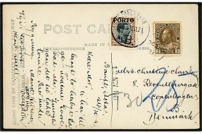 Canadisk 3 cents George V på underfrankeret brevkort fra Banff d. 26.10.1921 til København, Danmark. Udtakseret i porto med 25 øre Chr. X Porto-Provisorium stemplet Kjøbenhavn d. 12.11.1921.
