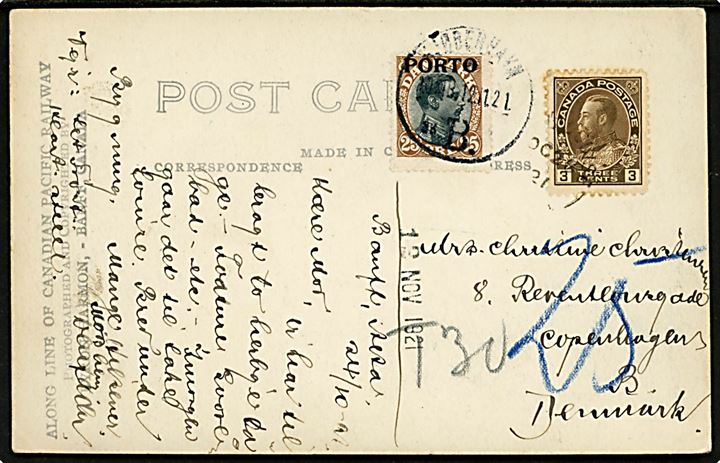 Canadisk 3 cents George V på underfrankeret brevkort fra Banff d. 26.10.1921 til København, Danmark. Udtakseret i porto med 25 øre Chr. X Porto-Provisorium stemplet Kjøbenhavn d. 12.11.1921.