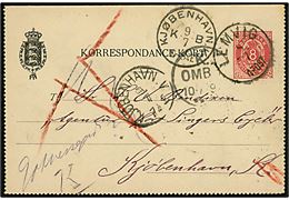 8 øre helsags korrespondancekort annulleret med lapidar Lemvig d. 8.7.1890 til Kjøbenhavn - eftersendt med flere stempler.