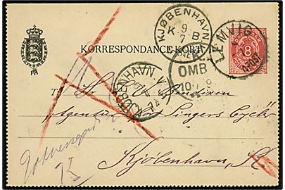 8 øre helsags korrespondancekort annulleret med lapidar Lemvig d. 8.7.1890 til Kjøbenhavn - eftersendt med flere stempler.