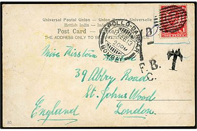 Britisk 1d George V markeret ugyldig på brevkort (Indisk Raja) annulleret med stumt stempel og sidestemplet Apollo-Bandar Bombay d. 8.2.1913 til London, England. Udtakseret i porto med britisk stempel 1d F.B.C. fra London.