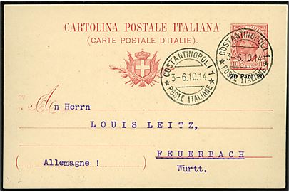 Italiensk post i Tyrkiet. 20 para/10 c. provisorisk helsagsbrevkort stemplet Constantinopoli 1 * Poste Italiane * d. 3.6.1910 til Feuerbach, Tyskland.