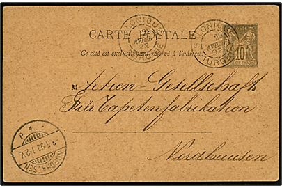 Fransk 10 c. helsagsbrevkort annulleret Salonique Turquie d. 29.4.1892 til Nordhausen, Tyskland.