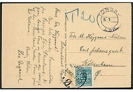 Ufrankeret svensk brevkort fra Torsby d. 6.7.1927 til København, Danmark. Udtakseret i porto med 20 øre Portomærke stemplet Kjøbenhavn d. 7.7.1927.