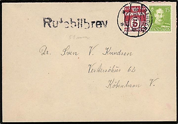 5 øre Bølgelinie og 15 øre Chr. X på brev fra Raasted pr. Bjerregrav St. annulleret Randers d. 8.11.1947 og sidestemplet Rutebilbrev til København.