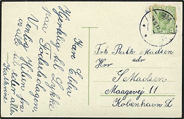 5 øre grøn Chr. X helsagsafklip på postkort fra Lund d. 18.10.1917 til København.