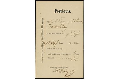 Postbevis fra Slangerup Postekspedition d. 26.3.1889 for inelevering af postanvisning på 7 kr. 96 øre til Fredensborg hvorfor lalt er erlagt: Paaklæbet i frimærker 8 Øre, samt kontant 9+1 Øre.  